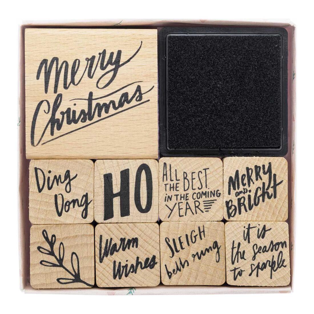 Stempelset Kerst tekst 9 stempels + stempelkussen