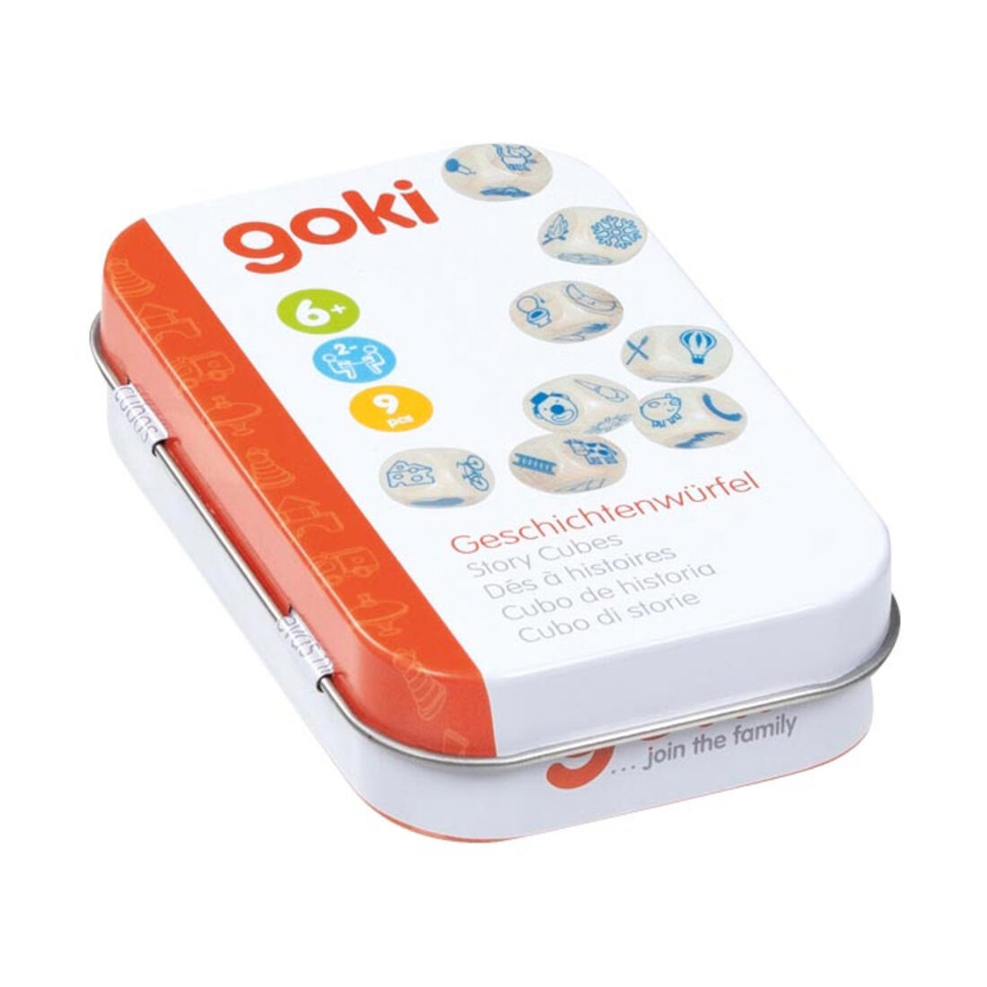 Set van 9 houten verteldobbelstenen in tin 4+ Set van 9 houten verteldobbelstenen in tin 4+