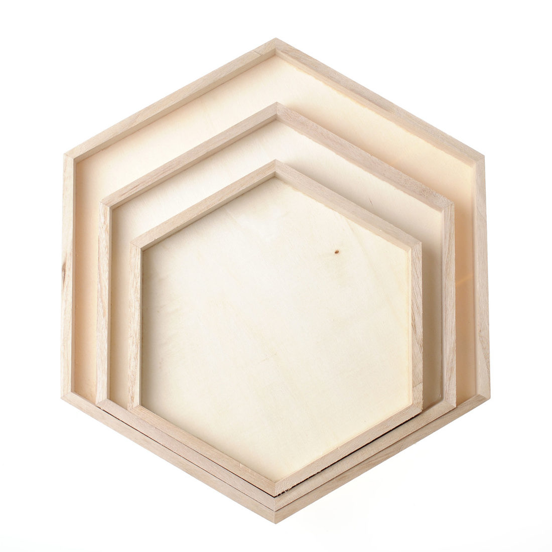 Dienbladen hout zeshoek 21 + 26 + 31 cm 3 stuks Dienbladen hout zeshoek 21 + 26 + 31 cm 3 stuks