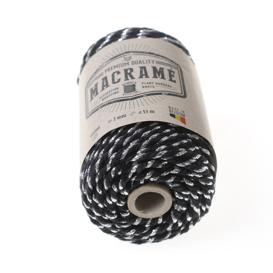 Macramé koord katoen 3 mm 50 m zwart/zilver Macramé koord katoen 3 mm 50 m zwart/zilver