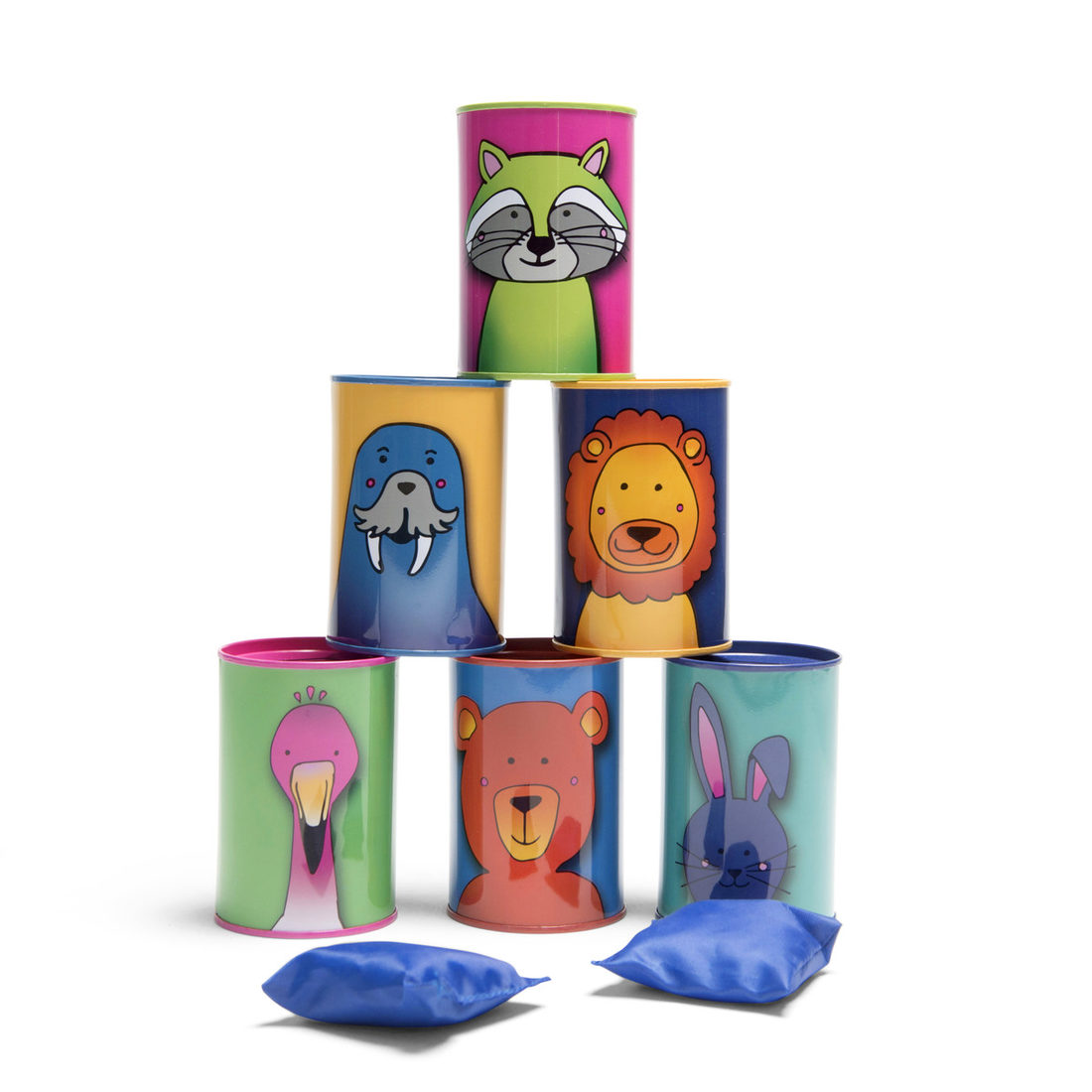 Blikken gooien dieren (6 blikken 10 cm + 3 zakjes)
