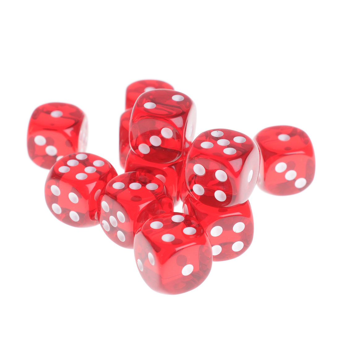 Dobbelsteenset 16 mm transparant rood 12 stuks