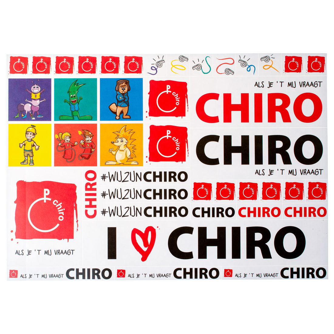 Stickervel Chiro met afdelingsfiguren A4 Stickervel Chiro met afdelingsfiguren A4
