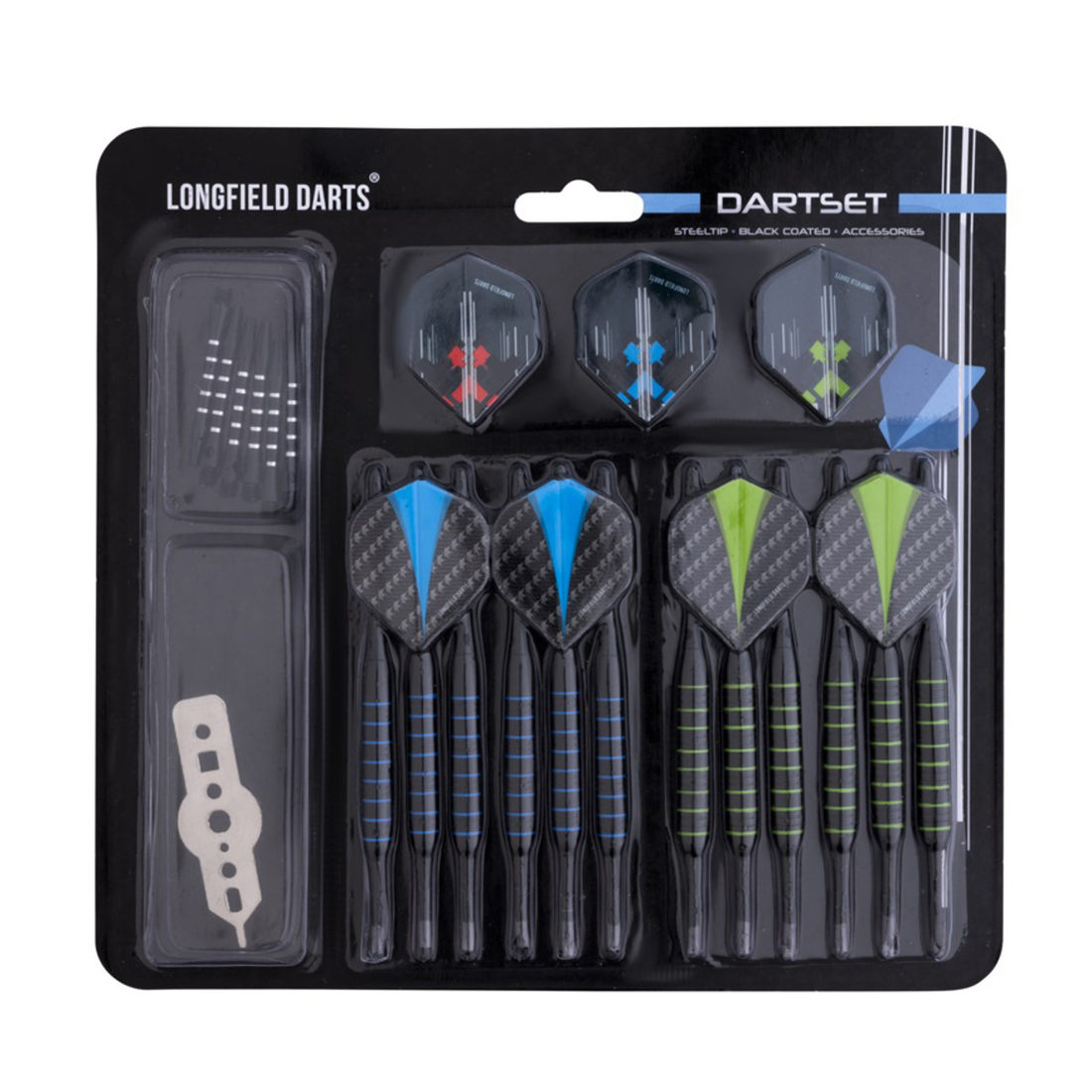 Dartset 12 staaltippijltjes met toebehoren Dartset 12 staaltippijltjes met toebehoren