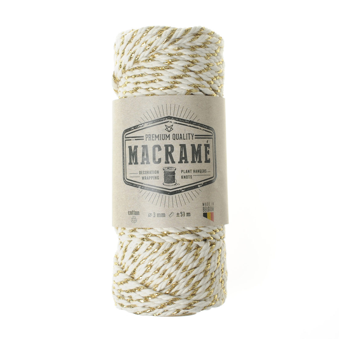 Macramé koord katoen 3 mm 50 m ecru/goud