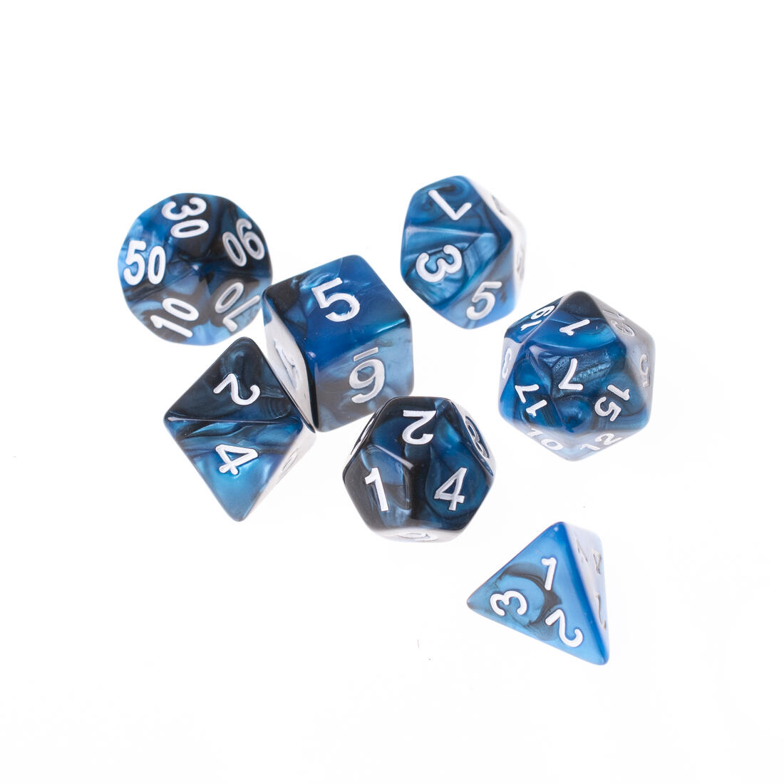 Dobbelsteenset RPG veelhoek lichtblauw-zwart 7 stuks