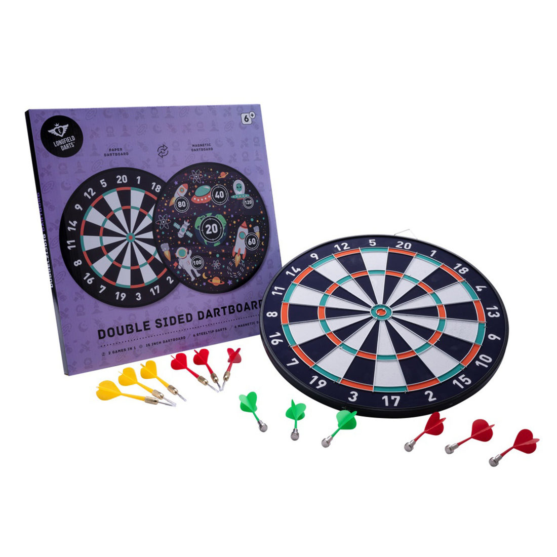 Dubbelzijdig dartbord magnetisch/papier Ruimte + 12 pijltjes Dubbelzijdig dartbord magnetisch/papier Ruimte + 12 pijltjes
