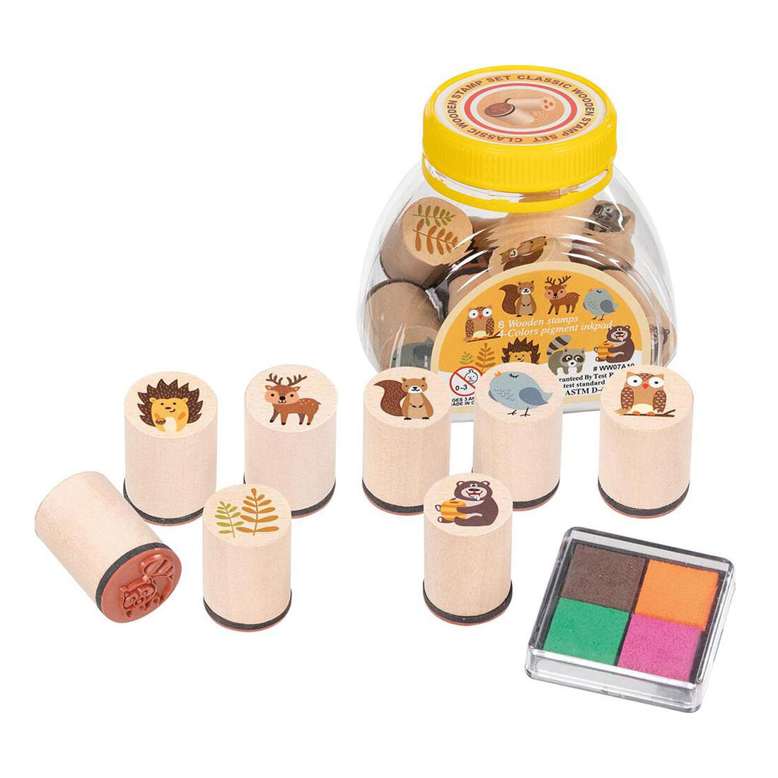 Stempelset bosdieren 8 stuks + kussen