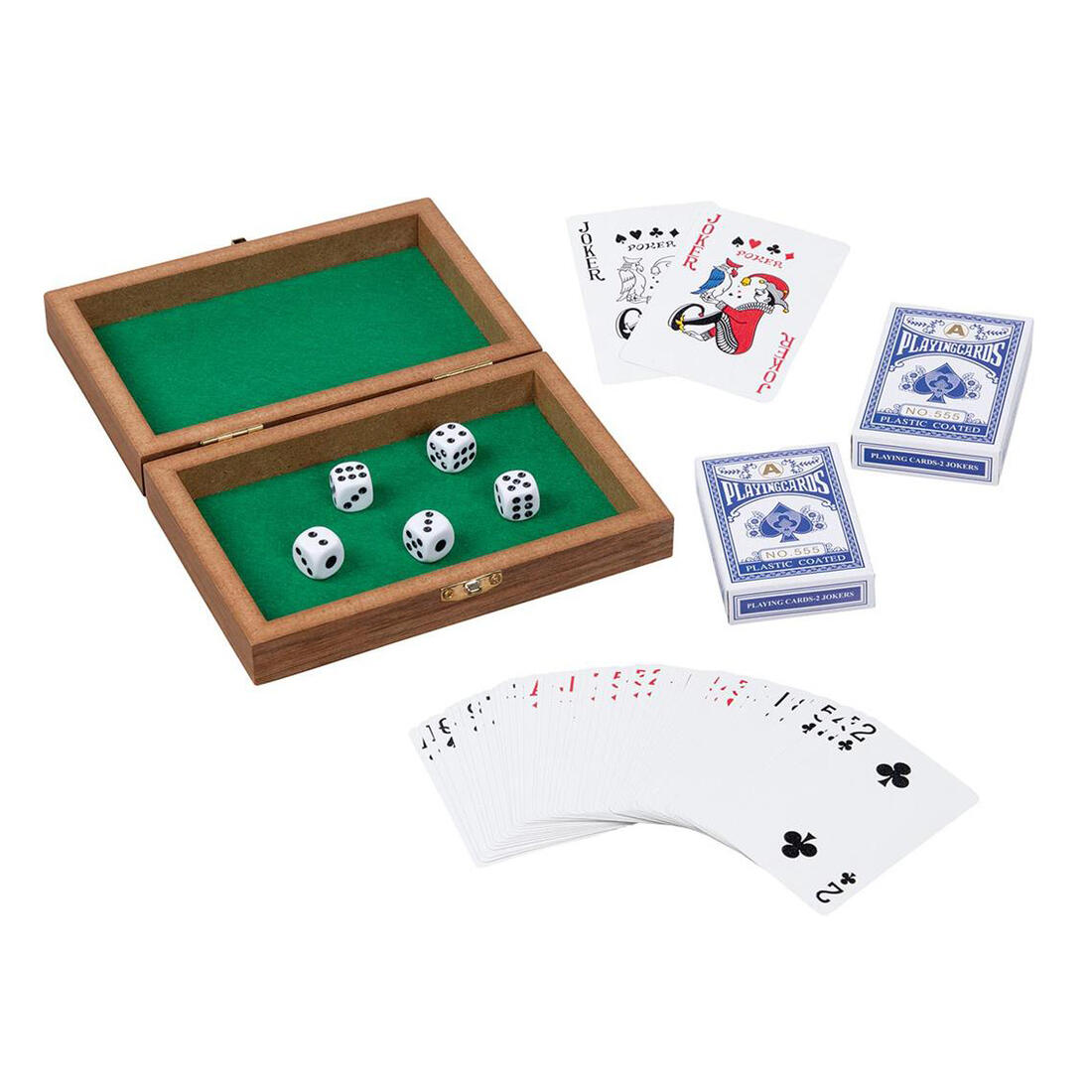 Houtendoosje met speelkaarten en 5 dobbelstenen 7+ Houtendoosje met speelkaarten en 5 dobbelstenen 7+