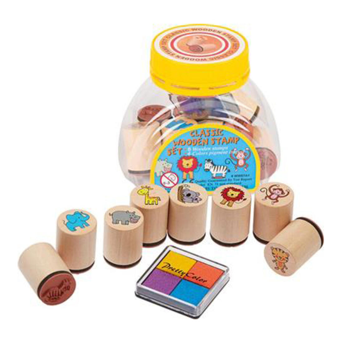 Stempelset wilde dieren 8 stuks + kussen