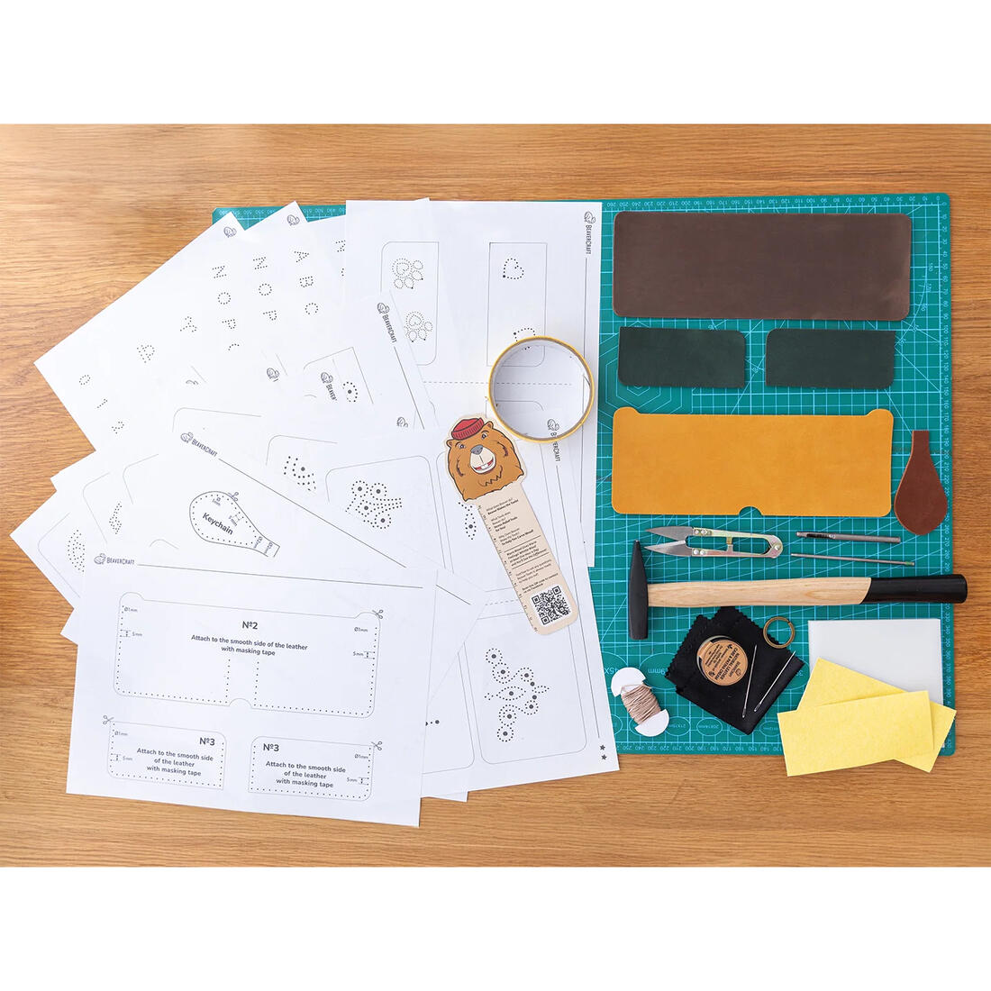 Leerbewerking set portefeuille bruin/groen Leerbewerking set portefeuille bruin/groen