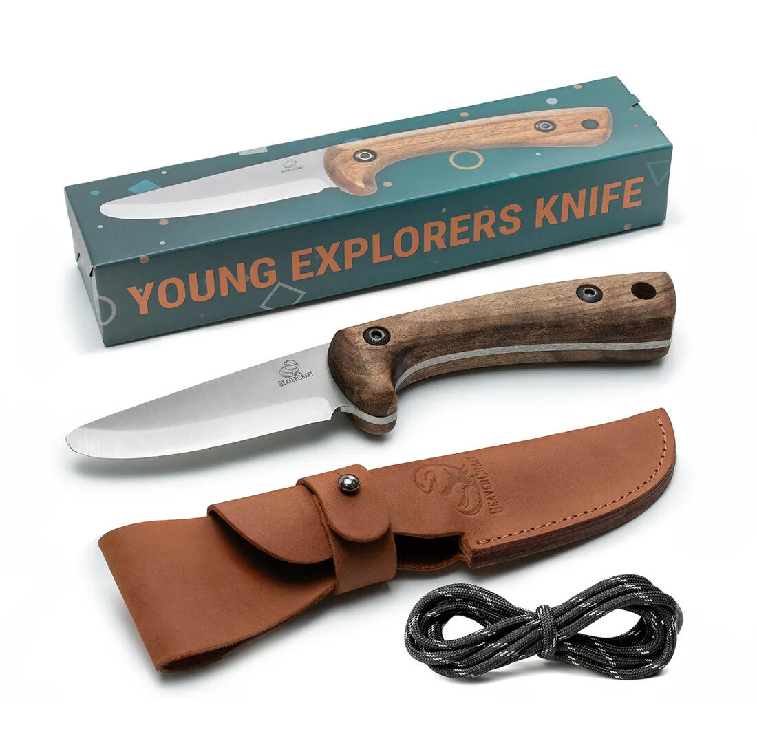 Kindveilig mes voor buitenactiviteit met lederen hoes