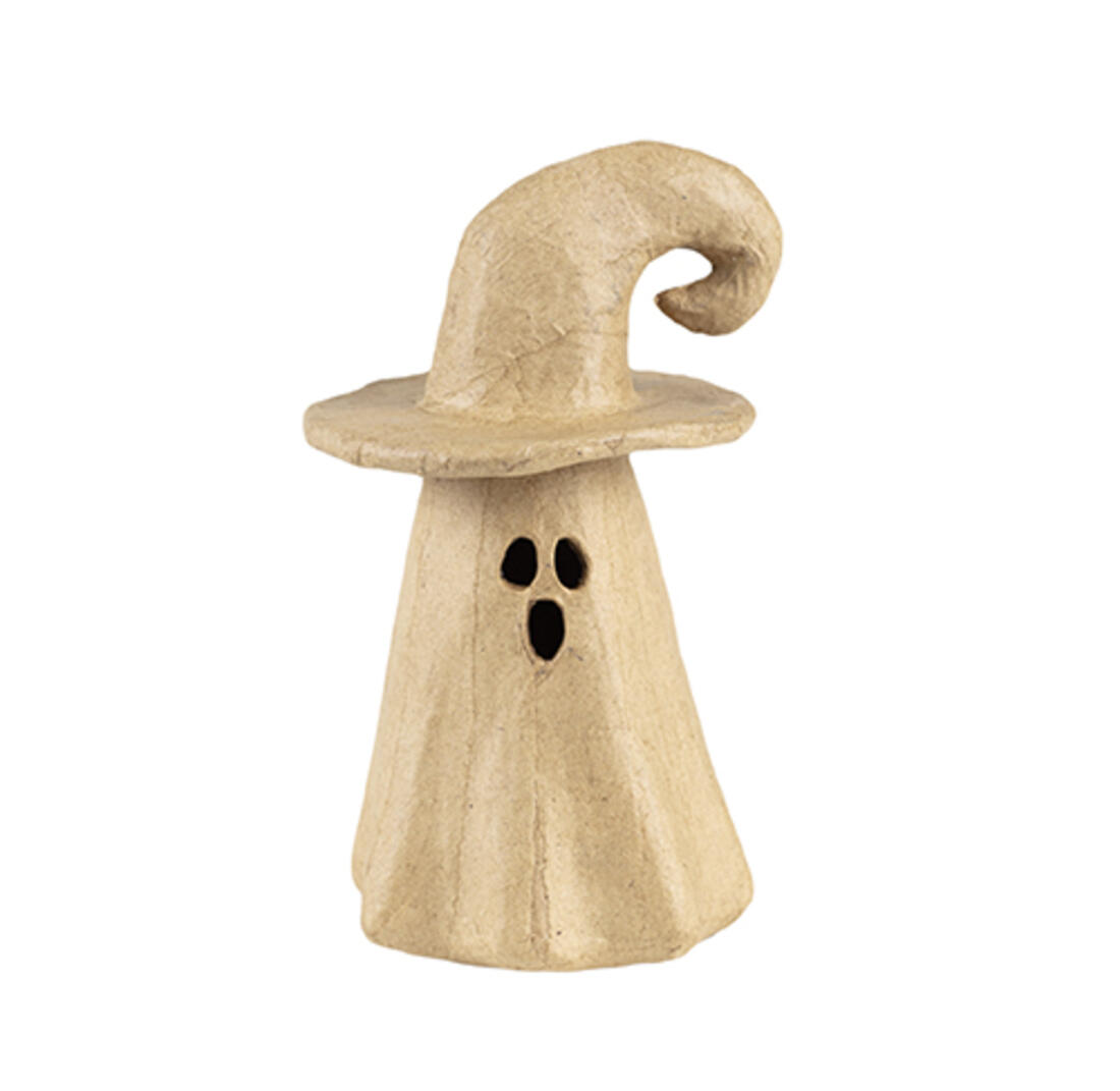 Papier-maché figuur spookje met hoed 14 cm