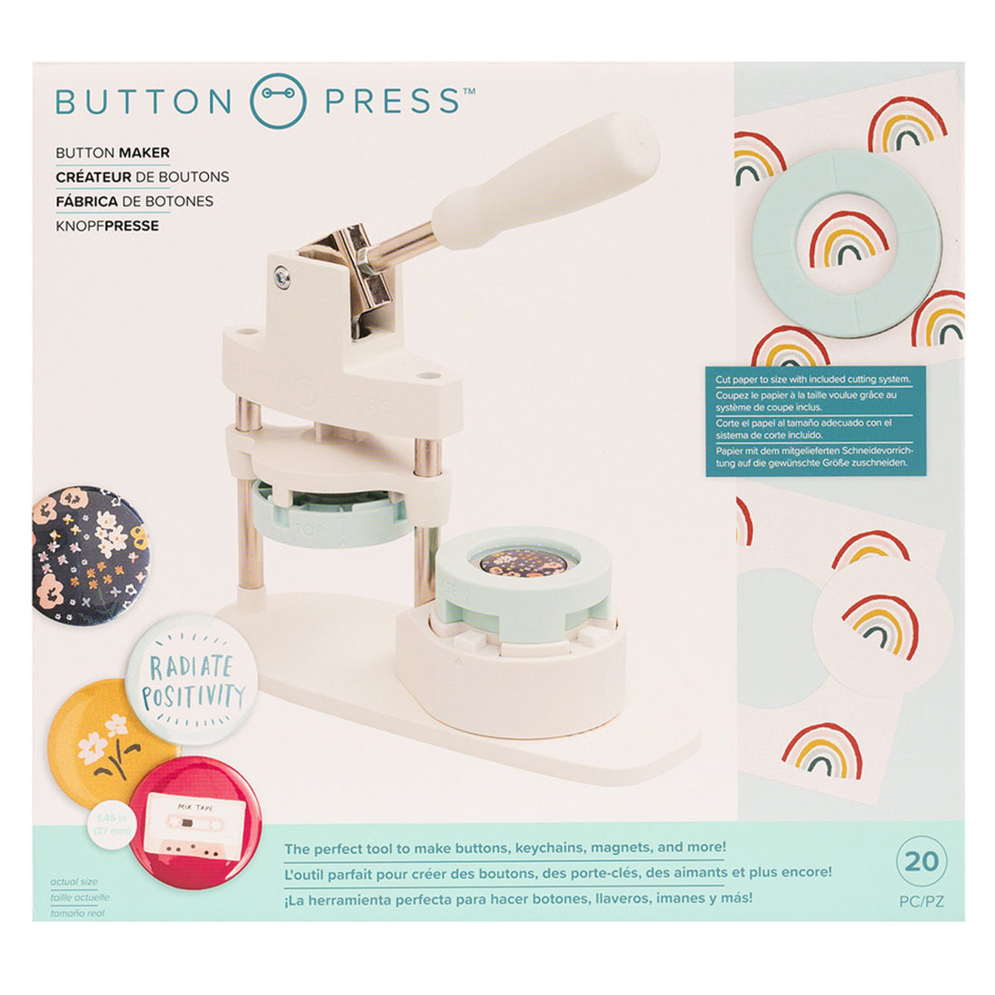 Buttonmachine 37 mm inclusief snijpons en 5 buttons