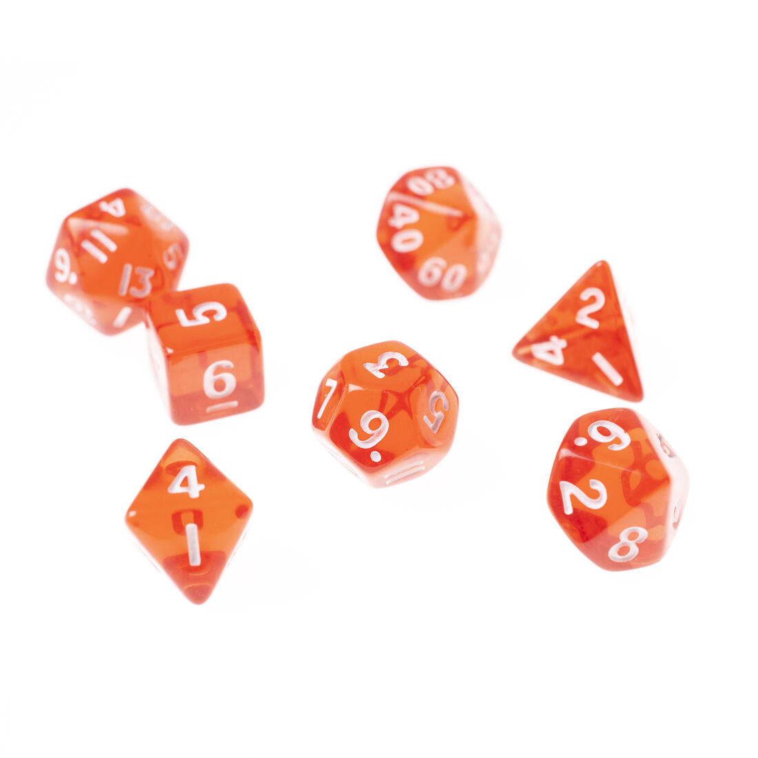 Mini Dobbelsteenset RPG veelhoek transparant rood 7 stuks