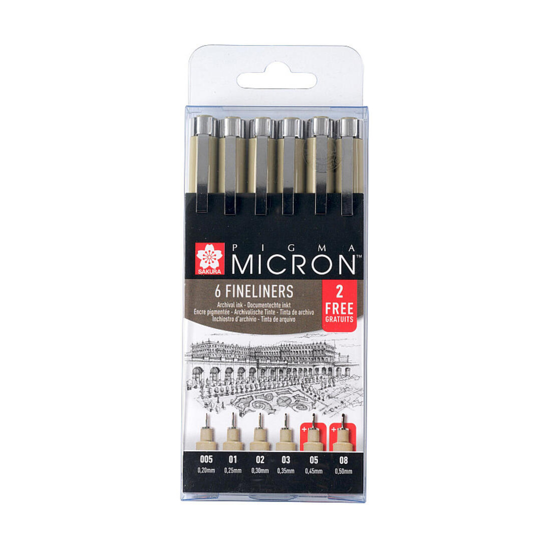 Sakura pigma micron fineliner set zwart 4+2