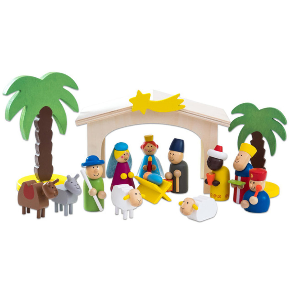 Houten kerststal met figuren 15-delig