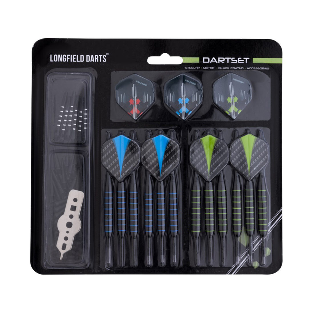 Dartset 6 staal- en 6 softtippijltjes met toebehoren