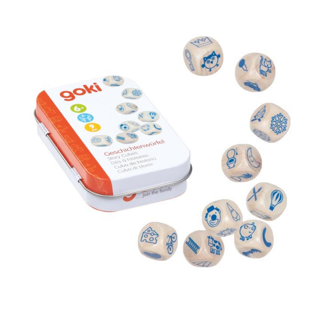 Set van 9 houten verteldobbelstenen in tin 4+ Set van 9 houten verteldobbelstenen in tin 4+