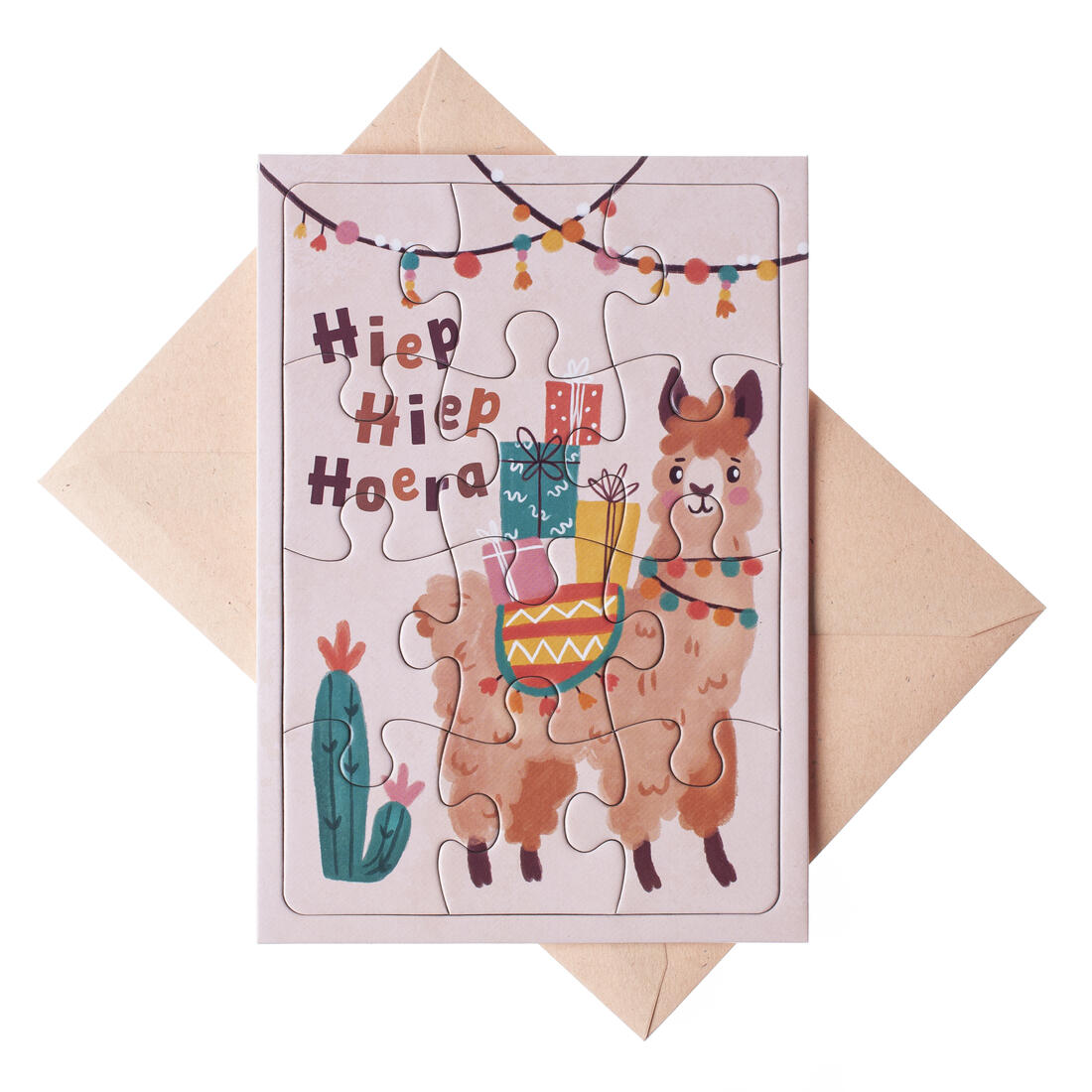 Wenskaart - puzzel Lama Hiep Hiep Hoera
