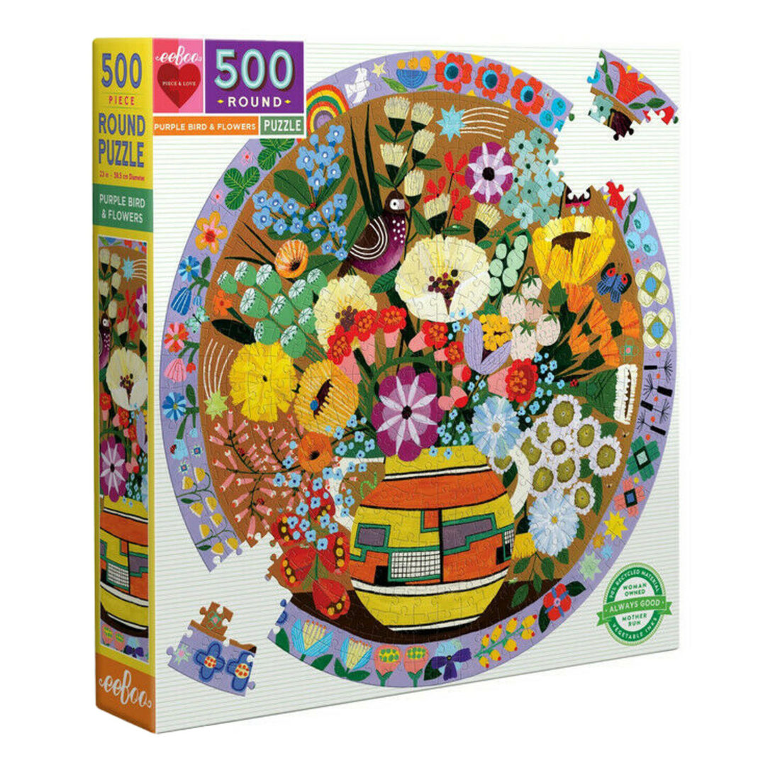 eeBoo Purple Bird and Flowers ronde puzzel 500 stukjes