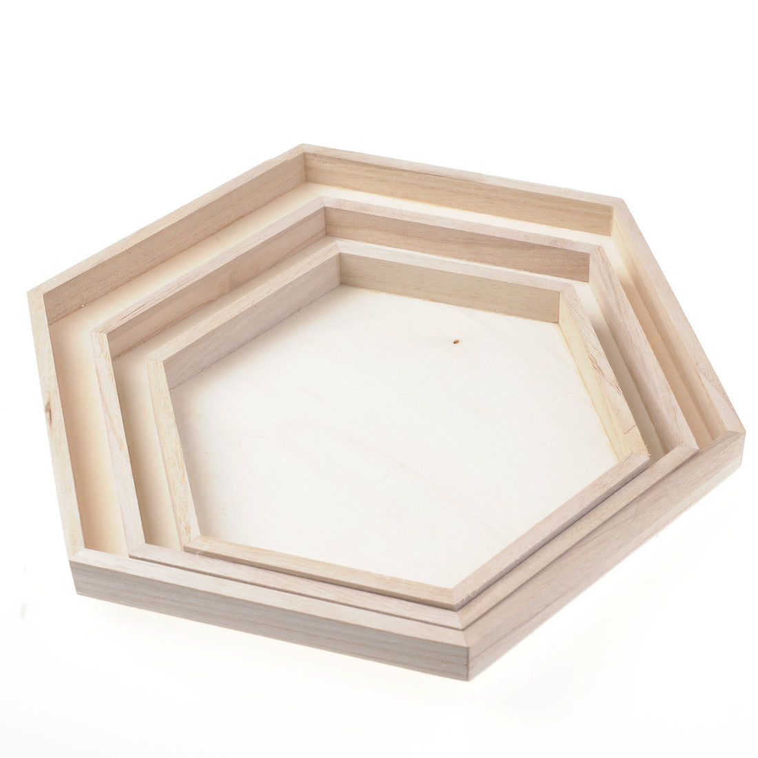 Dienbladen hout zeshoek 21 + 26 + 31 cm 3 stuks Dienbladen hout zeshoek 21 + 26 + 31 cm 3 stuks