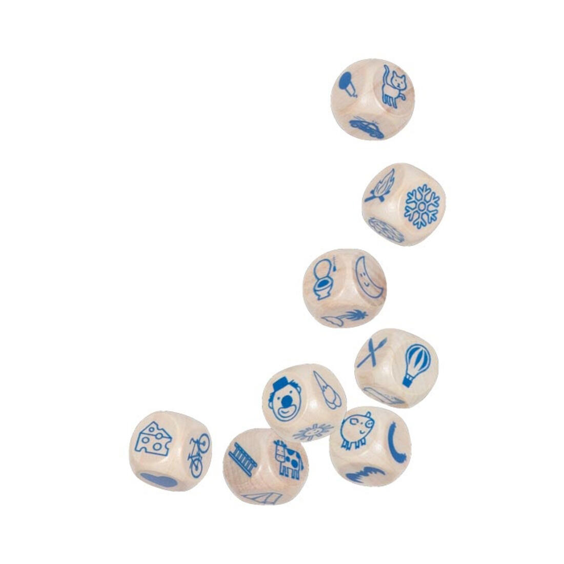 Set van 9 houten verteldobbelstenen in tin 4+ Set van 9 houten verteldobbelstenen in tin 4+