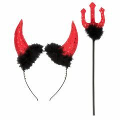 Set rode duivel tiara + vork 40 cm