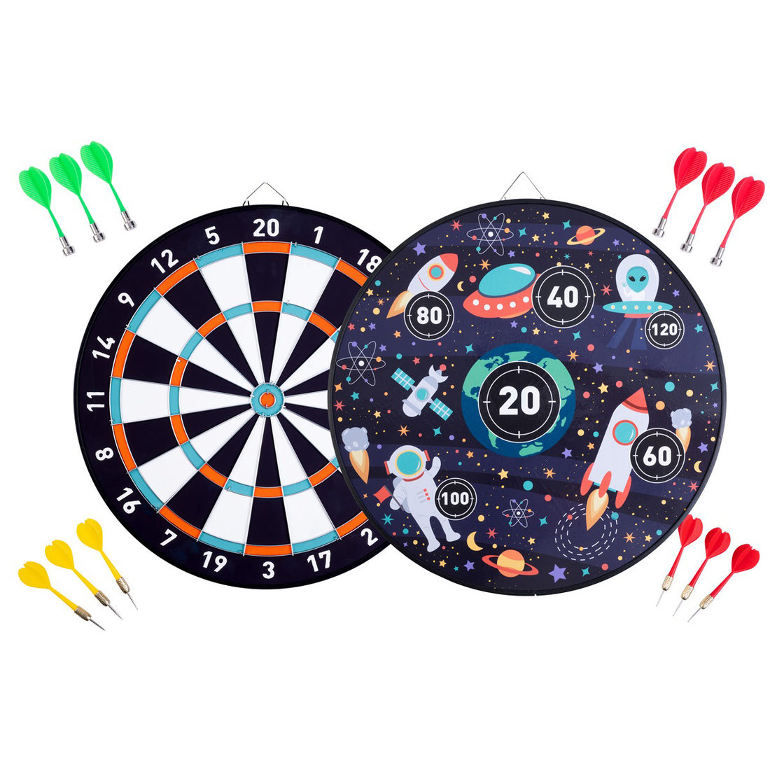 Dubbelzijdig dartbord magnetisch/papier Ruimte + 12 pijltjes Dubbelzijdig dartbord magnetisch/papier Ruimte + 12 pijltjes