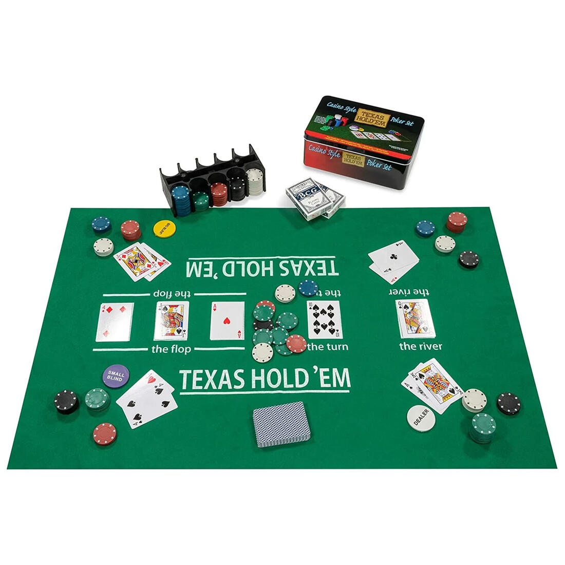 Pokerkaarten met kleed en 200 chips in tin