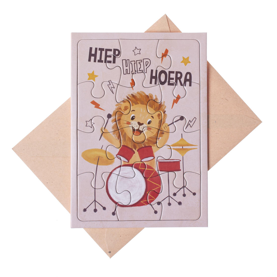 Wenskaart - puzzel Leeuw hiep hiep hoera