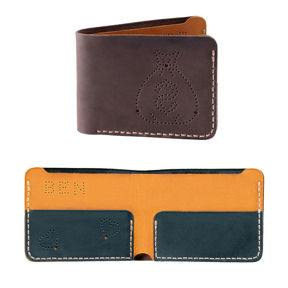 Leerbewerking set portefeuille bruin/groen Leerbewerking set portefeuille bruin/groen