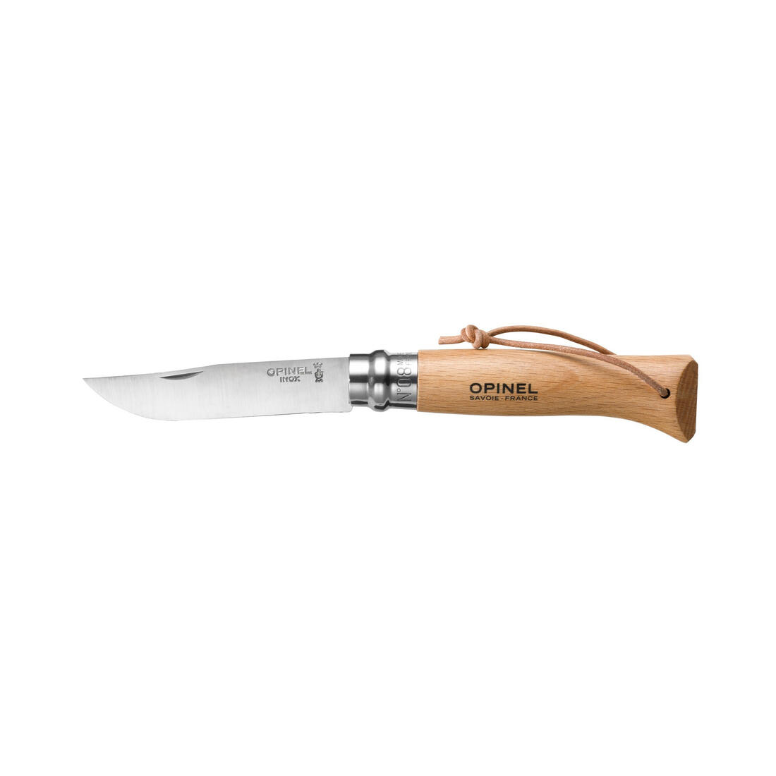 Opinel avontuur inox en hout N°08 met lederkoord