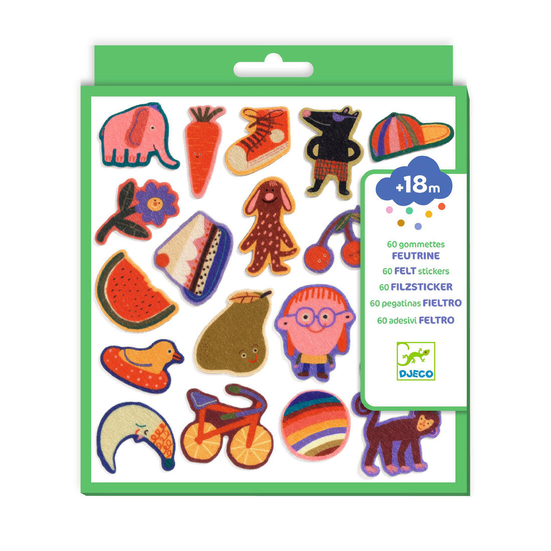 Djeco vilten stickers grappige figuren 60 stuks +18m