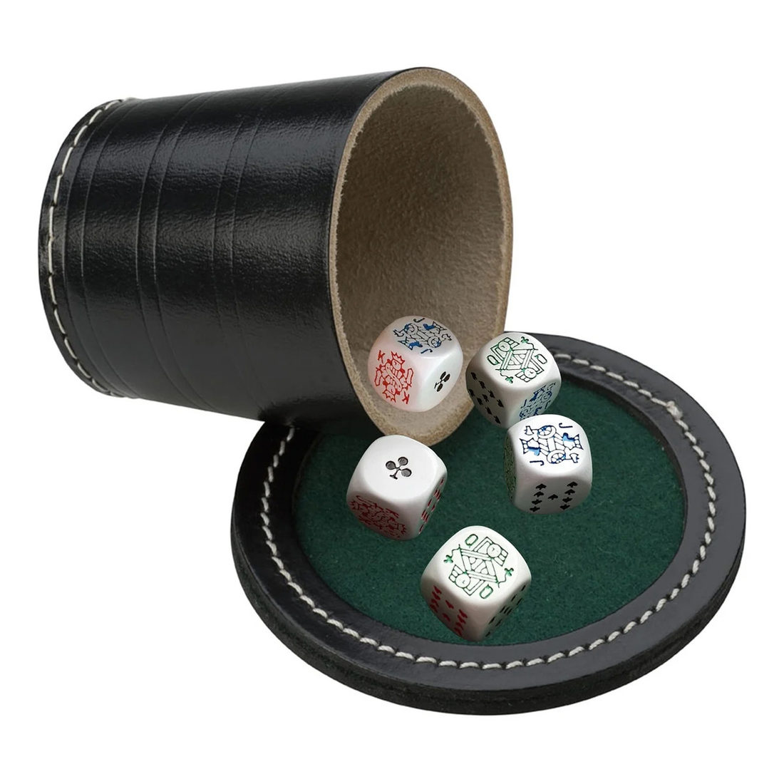 Pokerbeker leder met 5 pokerstenen 18 mm